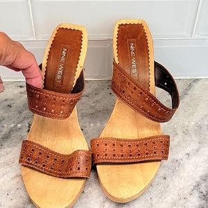 Vintage 90s y2k Nine West Leather Straps Wooden Heel Slip On Shoes 7